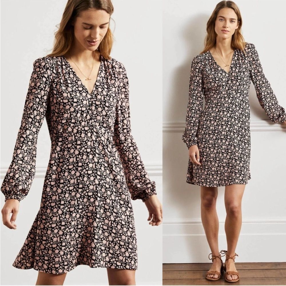 Boden • V-Neck Tea Dress mini Black Botanic Silhouette pink floral‎ rayon